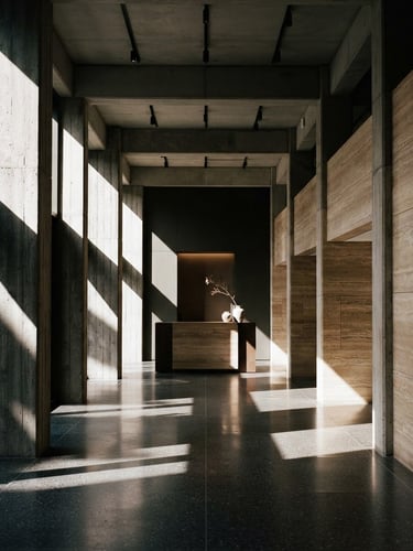 Symmetrical architectural shot of a minimalist concrete and travertine lobby, hard side-lighting, dramatic deep shadows, 35mm photography