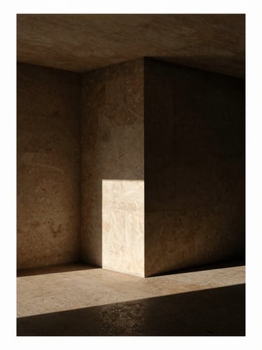 Editorial architectural photography, dramatic side-lighting, deep shadows. A minimalist concrete interior with warm travertine tones, 35mm