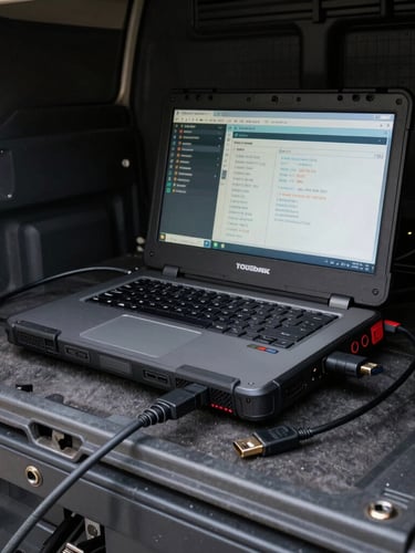 Ruggedized Panasonic Toughbook laptop showing ECU diagnostic software connected via a thick black Nexiq USB-Link cable inside a dark truck cab, high-contrast shop lighting highlighting the hardware connections