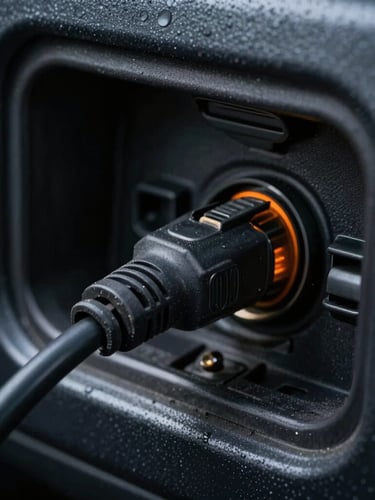 High-contrast macro photo of a rugged 9-pin diagnostic cable plugging into an OBD port inside a dark truck cab, sharp orange highlight from a status LED, low-key environment with sharp highlights on metal.