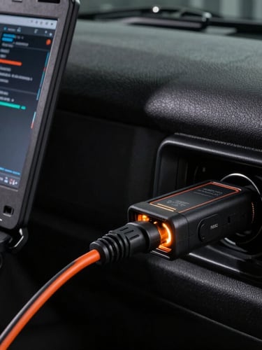 Tight macro shot of a ruggedized laptop screen displaying diagnostic software inside a dark truck cab, a heavy OBD-II cable plugged into the dashboard, dramatic low-key lighting with sharp orange highlights on the connectors.