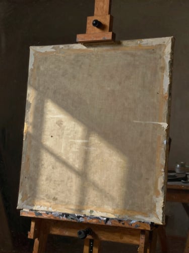 A portrait-oriented view of an artist's easel holding a linen canvas in a dimly lit Madrid studio, dramatic single-source window light casting deep shadows, warm earth tones, chiaroscuro style.