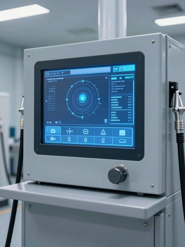 Captura de video técnico de alta definición mostrando un cuarto de bombas automatizado en un edificio corporativo, con interfaz de control digital translúcida superpuesta, iluminación azul de precisión, estilo cinematográfico industrial de ingeniería.