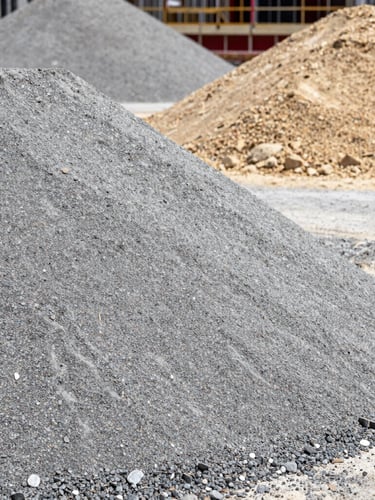 Close-up of clean building aggregates, gravel and sand pile on a construction site, sharp focus, industrial editorial photography