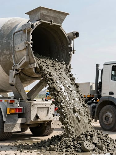 Industrial editorial photography of a concrete mixer truck pouring fresh concrete into a pump hopper on a bright morning, high contrast, rich textures of wet concrete, 35mm.