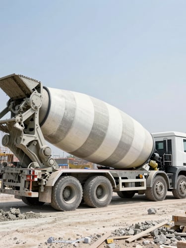 Wide-angle industrial editorial photography of a concrete mixer truck discharging concrete on a construction site, bright daylight, high contrast, 35mm