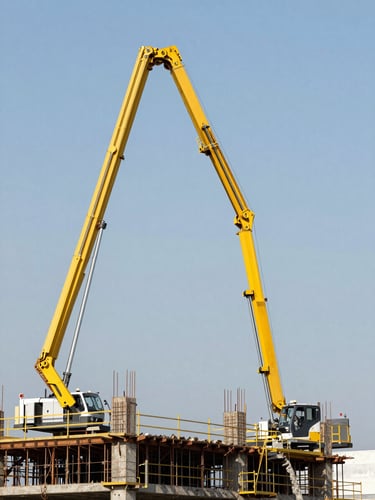 Industrial editorial photography of a yellow concrete pump boom arm extended high against a clear sky, concrete flowing into a building slab, high contrast, 35mm