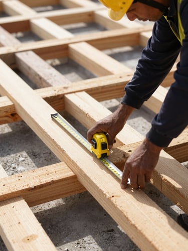 Close-up of a construction worker in safety gear measuring a wooden slab formwork with a steel tape measure, bright morning daylight, high contrast, rich textures of raw wood and steel, 35mm.