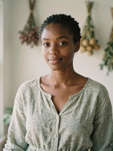 A soft-focus portrait of Maraeyah Taylor, a black woman with a warm, serene expression, wearing a linen dress, standing in a sunlit room with dried herbs hanging behind her, warm morning light, shallow depth of field.