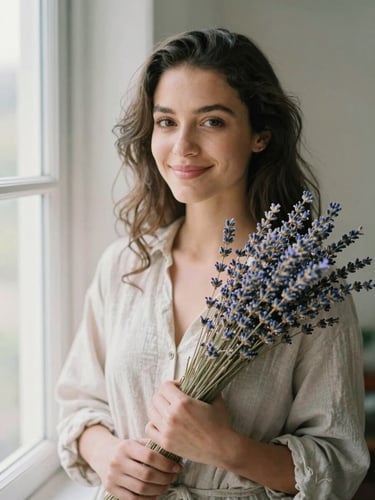 A warm, soft-focus portrait of Maraeyah Taylor smiling gently, holding a basket of dried lavender, soft morning window light, shallow depth of field.