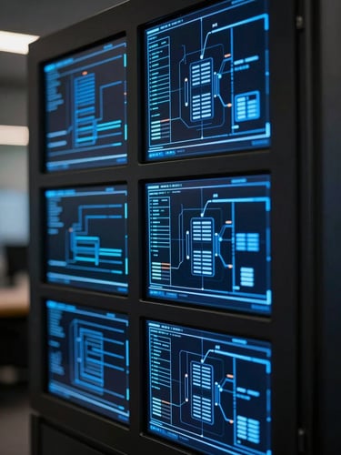 Close-up portrait of a dark enterprise AI control panel, multiple blue-lit data streams and simulation nodes arranged in a vertical grid, glowing interface lines on near-black surface, cool ambient light, tight architectural framing, no people, no text
