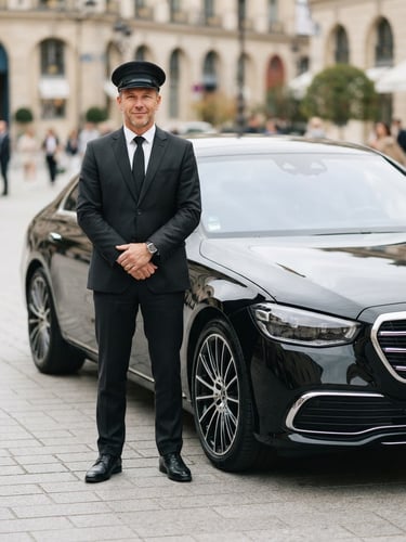 A professional driver in a crisp uniform standing beside a clean premium black sedan under soft daylight, sharp focus, 35mm lens