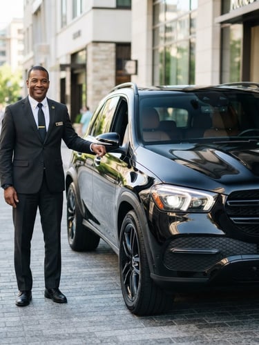 A professional commercial driver in a neat uniform standing next to a clean premium SUV, bright daylight, high contrast yellow and black tones, sharp focus, 35mm lens