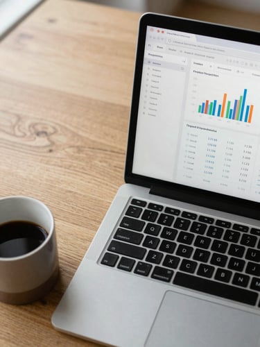 Close-up overhead shot of a laptop screen displaying a clean financial dashboard with charts and figures, resting on a light oak desk beside a ceramic coffee mug, calm north-facing daylight, generous negative space to the left
