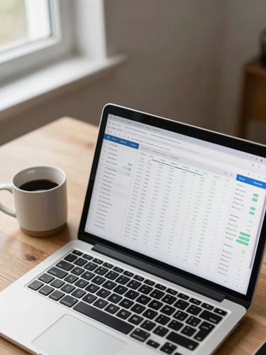 Close-up overhead shot of a laptop screen displaying a clean financial data dashboard, a ceramic coffee mug beside the keyboard on a pale wooden desk, calm north-facing window light falling from the left, generous negative space in the upper frame