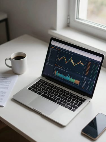 Close-up overhead view of a clean desk — open laptop showing a financial dashboard with real data, a coffee mug to the left, a few printed pages nearby, lit by calm north-facing window light flooding from the right, generous negative space above