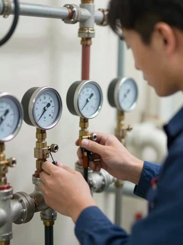 Close-up of a professional technician in a clean uniform checking pressure gauges on an orderly plumbing manifold, bright neutral daylight.