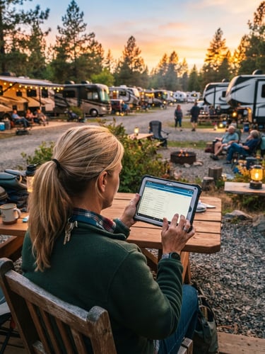 Over-the-shoulder shot of a camp host using a tablet outdoors at golden hour, beautiful RV park at dusk in the background, warm natural tones