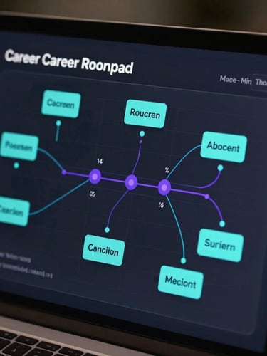 A high-fidelity UI mockup of a career roadmap trajectory chart on a dark-mode screen, cool-toned cyan and purple neon accents, sharp focus, clean sans-serif data visualization.