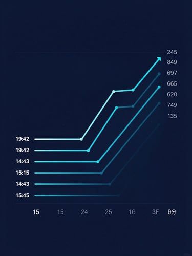 High-fidelity UI mockup of a career roadmap trajectory chart, showing salary growth over fifteen years, clean electric cyan lines on deep midnight blue background, portrait aspect