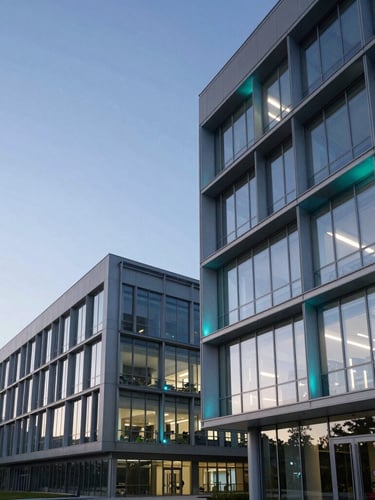 Wide architectural crop of a modern university campus with glass facades reflecting a crisp twilight sky, cool cyan lighting accents, clean lines, negative space on the left.