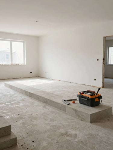 Wide-angle shot of a brightly lit, clean commercial space under renovation, showing precise masonry alignments and a tidy tool setup, natural daylight.