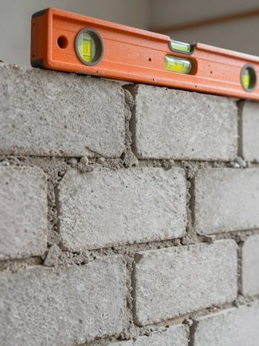 Close-up of a perfectly aligned structural masonry wall, clean mortar joints, sharp safety-orange level tool resting on top, bright natural lighting
