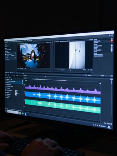 Portrait-format film still of an edit suite monitor in darkness, timeline waveforms glowing on screen, hands resting on a keyboard just visible at the bottom edge, low-key blue-tinted practical light, no face visible