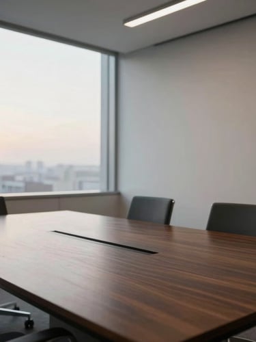 Empty minimalist executive boardroom with a solid dark wood table, soft natural evening light coming through large windows, clean structural lines, professional 35mm