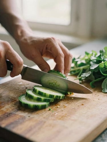 A close-up of hands cutting fresh vegetables on a rustic wooden cutting board, warm natural light pouring from a side window, editorial style, 35mm