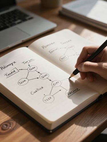 Primer plano de una libreta abierta con diagramas de interacción anotados a mano, iluminación natural de aula.