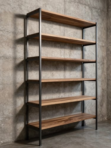 Portrait shot of a modern industrial loft corner, concrete walls, showcasing a tall custom steel bookshelf with thick hardwood shelves, dramatic side shadows, warm natural light.