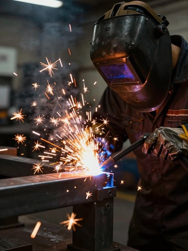 Close-up of a welder in a dark workshop, bright orange sparks flying from a steel joint, dramatic lighting, high contrast