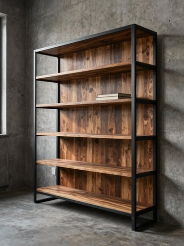 Wide portrait of a custom double-height industrial bookshelf made of black metalon steel and warm angelim wood, standing in a modern concrete loft with dramatic side lighting.