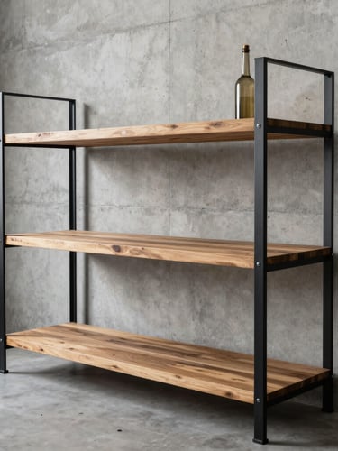 Portrait shot of a custom industrial shelving unit made of matte black steel frames and thick rustic Angelim wood shelves, styled in a modern concrete apartment