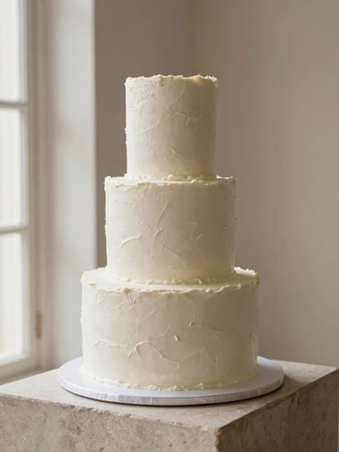 A minimalist three-tier wedding cake with textured white buttercream, standing on a stone pedestal, soft side-lit window daylight