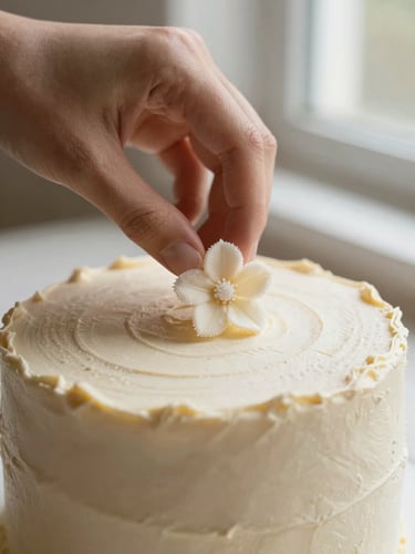 Hands delicately placing a single sugar flower onto a textured buttercream cake tier, macro detail, soft window light