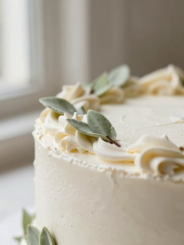 Macro detail of textured white buttercream cake with delicate sage green botanical accents, soft side-lit window daylight, editorial food photography