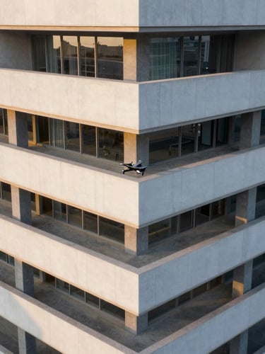 Precise technical drone flying over a modern architectural structure, clean geometric composition, sharp details, golden-hour light