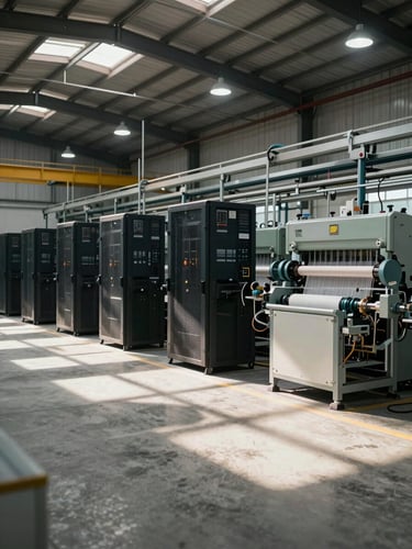 Wide-angle interior of an active industrial facility, server racks and textile machinery visible in the mid-ground, overhead factory lighting casting hard geometric shadows on a concrete floor, no people in frame
