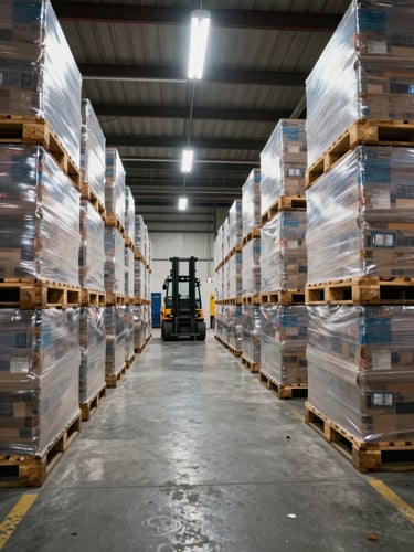Wide-angle view of a bonded warehouse loading dock, stacked pallets wrapped in stretch film under sodium vapor overhead lighting, a forklift visible at the far end of the aisle, no people in foreground