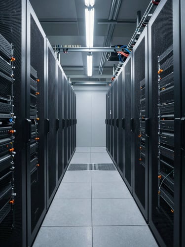 Wide-angle view of an industrial server room corridor, rows of rack-mounted equipment under cool overhead fluorescent light, cables running along steel cable trays, deep perspective toward a distant wall, no people