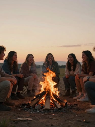 Wide-angle candid photo of a group of young adults laughing around a campfire at sunset, warm earthy tones, 35mm film look, low horizon, with generous negative space on the left.