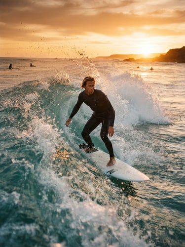Um surfista em pé na prancha, pegando uma onda perfeita ao pôr do sol, com respingos de água e o horizonte dourado. Close-up dinâmico, candid lifestyle photography, golden hour sunlight, warm earthy tones with vibrant orange accents, dynamic motion blur, 35mm film look.