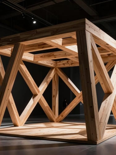 Close-up of a parametric wooden pavilion structure, interlocking geometric shapes, dramatic side lighting casting long shadows, architectural photography style.