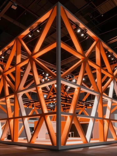 Architectural photography of a massive parametric exhibition stand, dramatic orange and white structural lighting, high contrast, industrial-chic aesthetic, wide-angle lens, sharp focus