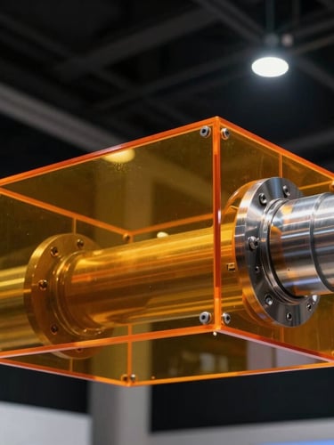 Close-up of a high-precision metal joint and orange acrylic panel on a massive exhibition stand, dramatic lighting, professional architectural photography