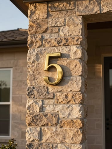 An editorial close-up of a modern West Texas home exterior, showcasing warm natural stone textures and polished brass house numbers, bathed in soft diffused late afternoon sunlight.