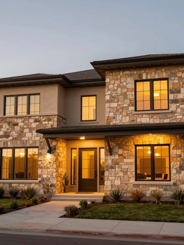 A beautiful modern West Texas home exterior at golden hour, warm stone accents, clean architectural lines, glowing windows