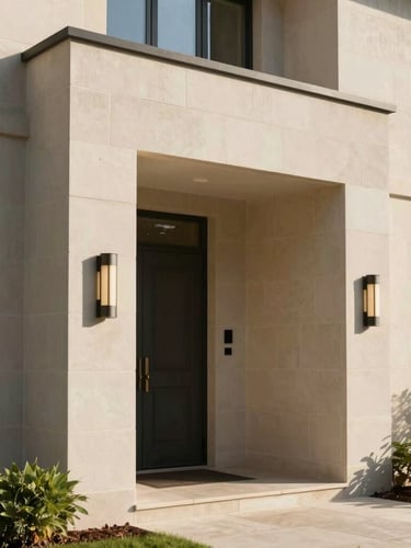 Sun-drenched architectural detail of a modern Midland home entrance, highlighting clean stone lines and warm natural light.